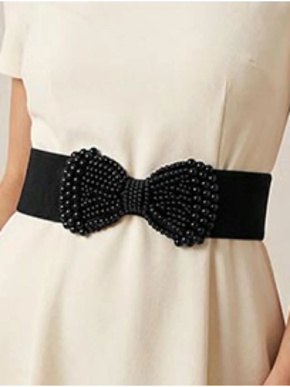 Pearl Bow Elastic Waist Belt - Cream